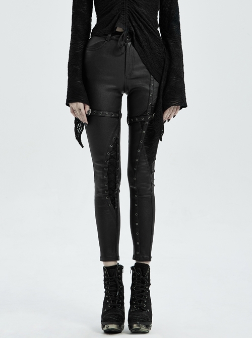 Metal Buckle Leather Leg Loop Splice Knit Lace-Up Black Punk Tight Trousers
