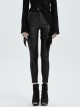 Metal Buckle Leather Leg Loop Splice Knit Lace-Up Black Punk Tight Trousers