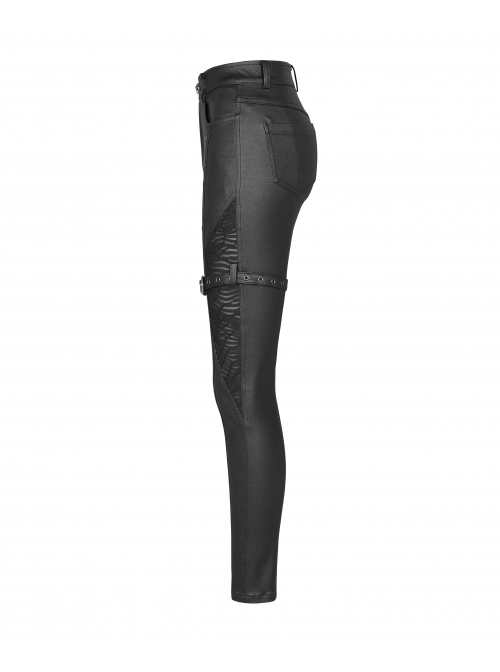 Metal Buckle Leather Leg Loop Splice Knit Lace-Up Black Punk Tight Trousers