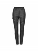 Metal Buckle Leather Leg Loop Splice Knit Lace-Up Black Punk Tight Trousers