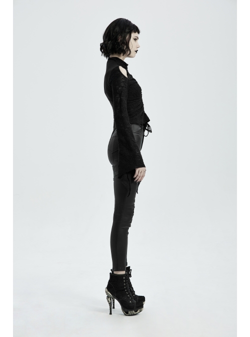 Metal Buckle Leather Leg Loop Splice Knit Lace-Up Black Punk Tight Trousers