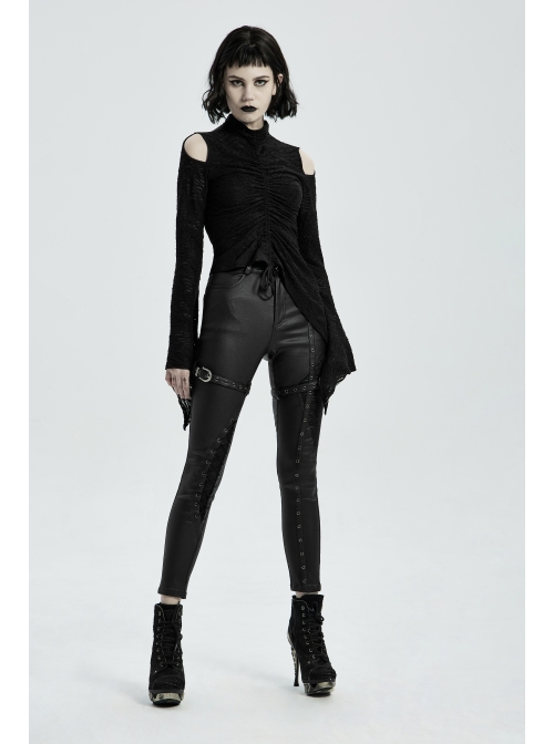 Metal Buckle Leather Leg Loop Splice Knit Lace-Up Black Punk Tight Trousers