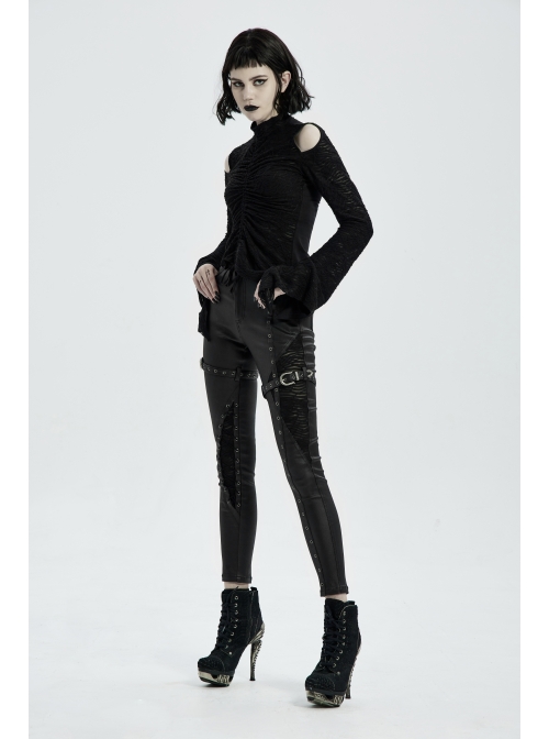 Metal Buckle Leather Leg Loop Splice Knit Lace-Up Black Punk Tight Trousers
