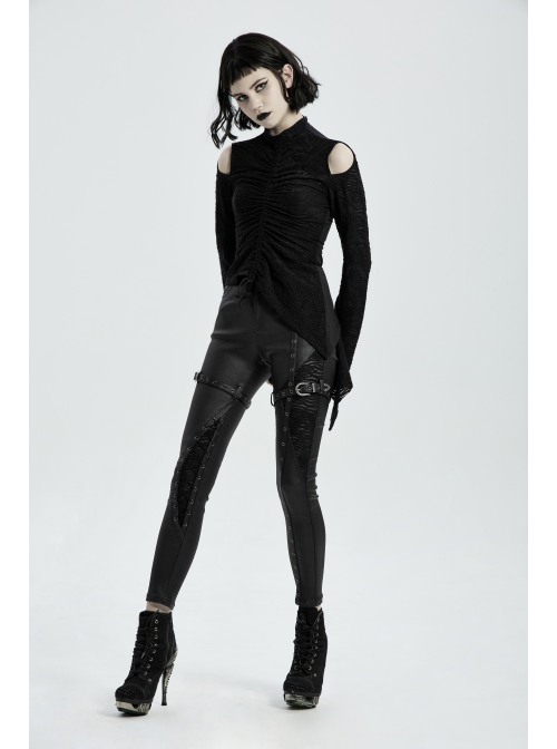 Metal Buckle Leather Leg Loop Splice Knit Lace-Up Black Punk Tight Trousers