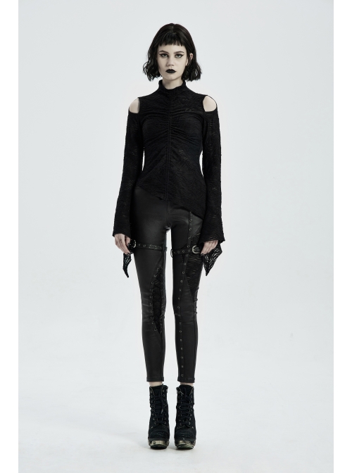 Metal Buckle Leather Leg Loop Splice Knit Lace-Up Black Punk Tight Trousers