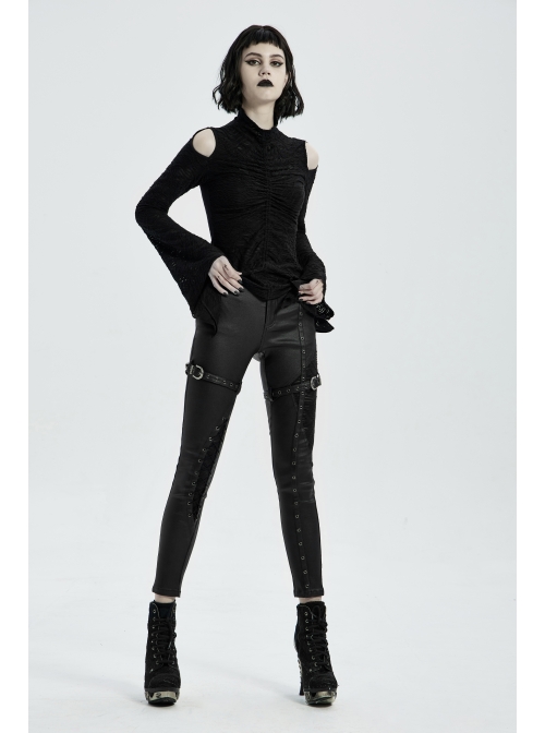 Metal Buckle Leather Leg Loop Splice Knit Lace-Up Black Punk Tight Trousers