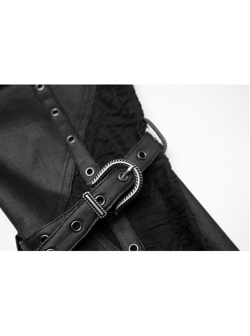Metal Buckle Leather Leg Loop Splice Knit Lace-Up Black Punk Tight Trousers