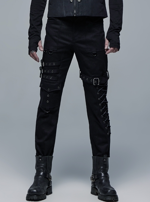 Metal Buckle Leg Loop Side Splice Knit Lace-Up Black Punk Pants
