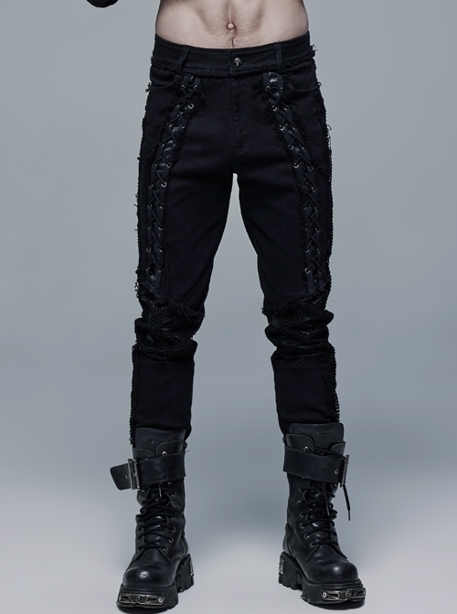 Front Lace-Up Splice Broken Holes Mesh Black Punk Woven Pants