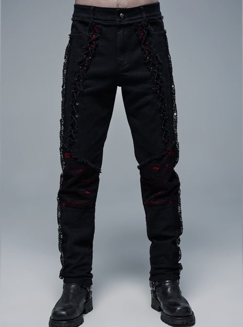 Front Lace-Up Splice Red Plaid Knit Broken Holes Mesh Black Punk Woven Pants