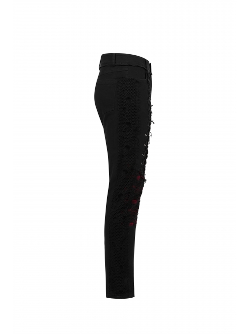 Front Lace-Up Splice Red Plaid Knit Broken Holes Mesh Black Punk Woven Pants