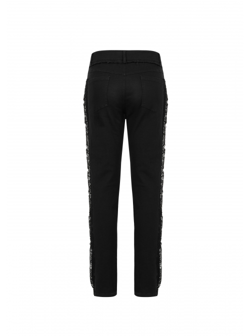 Front Lace-Up Splice Red Plaid Knit Broken Holes Mesh Black Punk Woven Pants