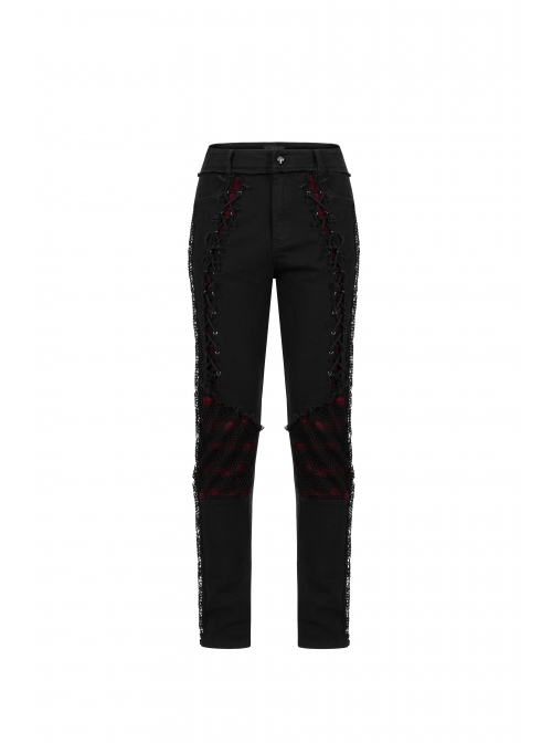 Front Lace-Up Splice Red Plaid Knit Broken Holes Mesh Black Punk Woven Pants