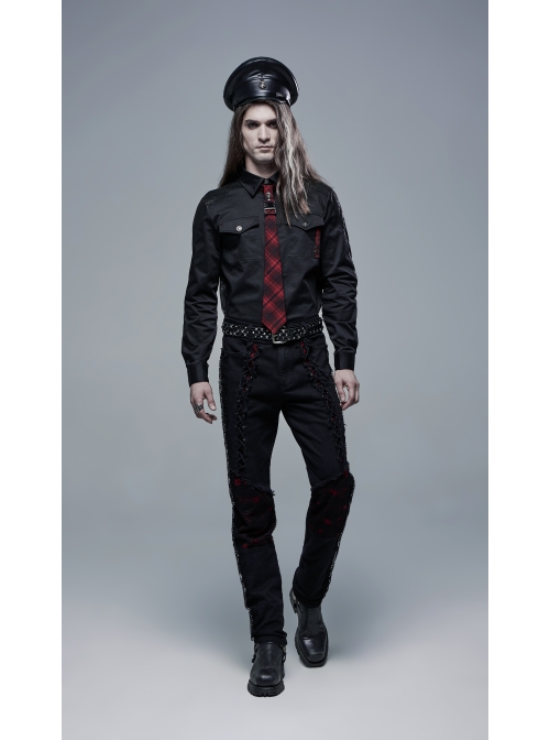 Front Lace-Up Splice Red Plaid Knit Broken Holes Mesh Black Punk Woven Pants