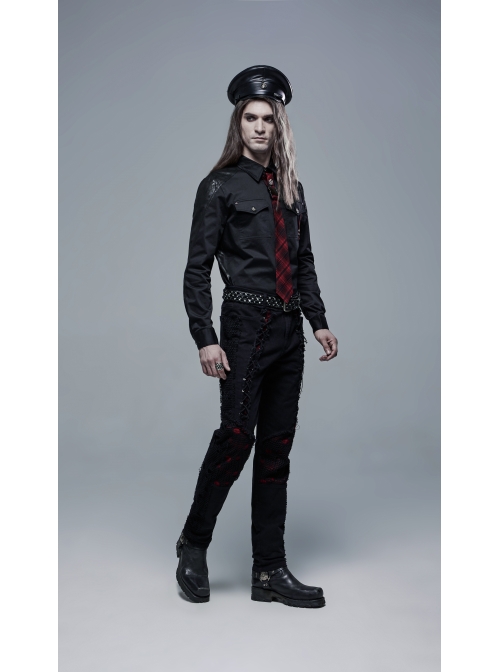 Front Lace-Up Splice Red Plaid Knit Broken Holes Mesh Black Punk Woven Pants