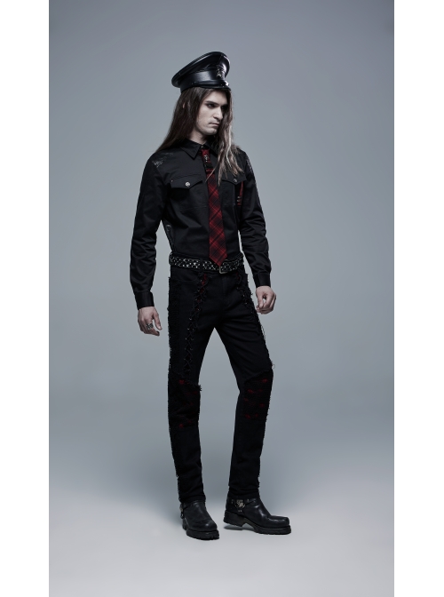 Front Lace-Up Splice Red Plaid Knit Broken Holes Mesh Black Punk Woven Pants