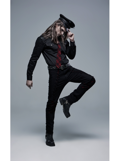 Front Lace-Up Splice Red Plaid Knit Broken Holes Mesh Black Punk Woven Pants