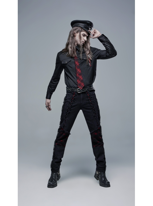 Front Lace-Up Splice Red Plaid Knit Broken Holes Mesh Black Punk Woven Pants
