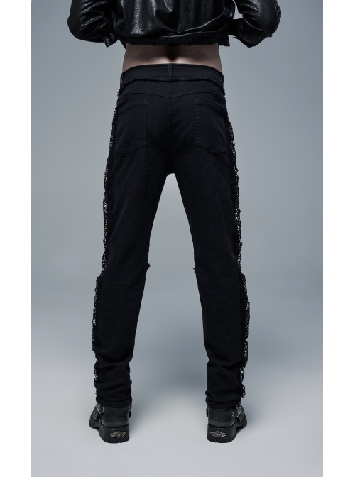 Front Lace-Up Splice Red Plaid Knit Broken Holes Mesh Black Punk Woven Pants