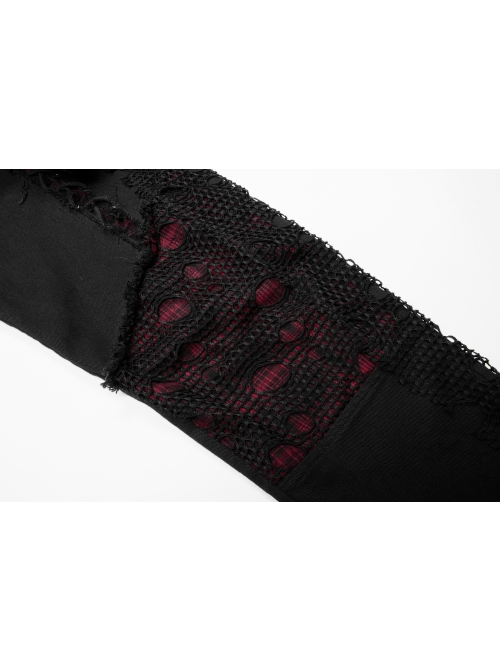 Front Lace-Up Splice Red Plaid Knit Broken Holes Mesh Black Punk Woven Pants