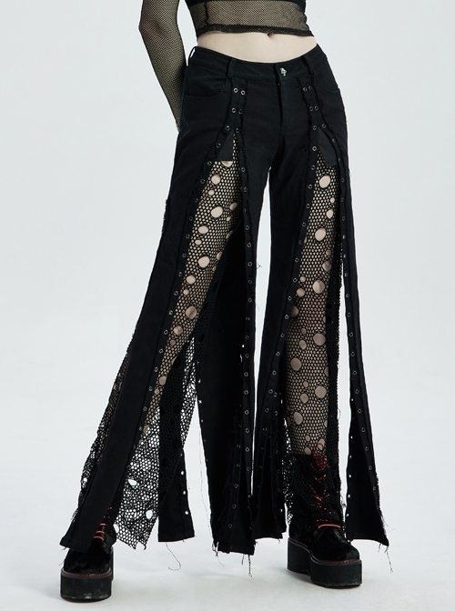 Black Splice Broken Holes Mesh Lace-Up Punk Pants