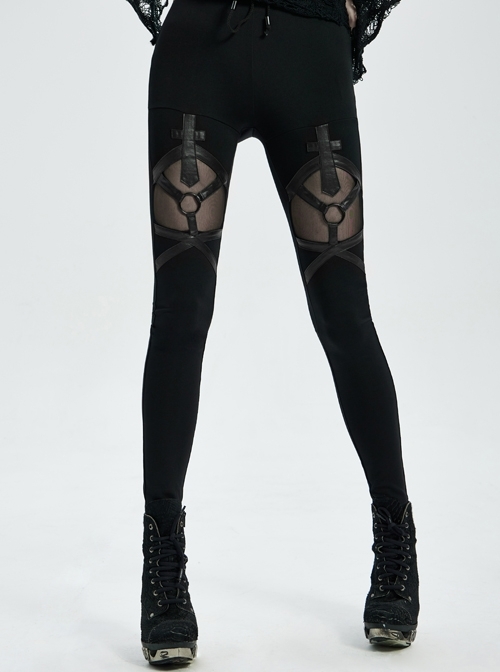 Front Metal Ring Leather Strap Decoration Splice Mesh Black Gothic Legging
