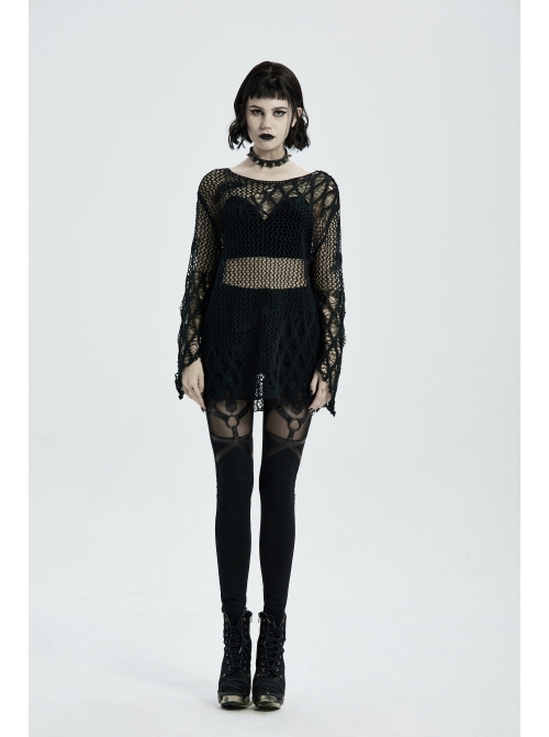 Front Metal Ring Leather Strap Decoration Splice Mesh Black Gothic Legging