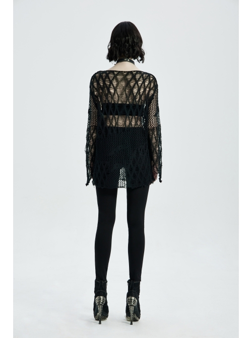 Front Metal Ring Leather Strap Decoration Splice Mesh Black Gothic Legging