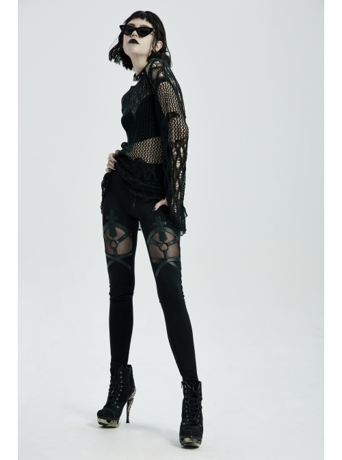 Front Metal Ring Leather Strap Decoration Splice Mesh Black Gothic Legging