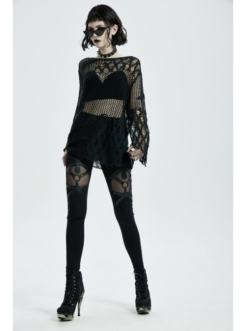 Front Metal Ring Leather Strap Decoration Splice Mesh Black Gothic Legging