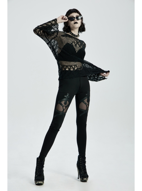 Front Metal Ring Leather Strap Decoration Splice Mesh Black Gothic Legging