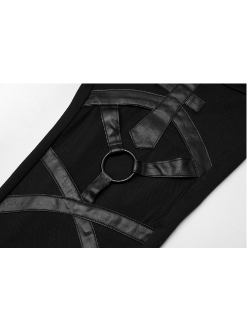 Front Metal Ring Leather Strap Decoration Splice Mesh Black Gothic Legging