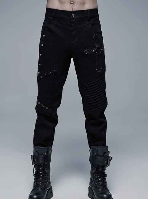 Metal Eyelets Decoration Spliced Crack Texture Imitation Leather Black Punk Pants