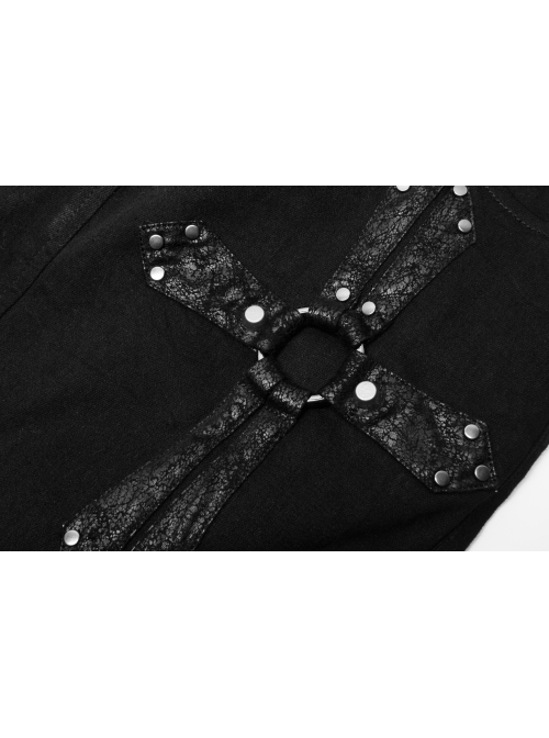 Metal Eyelets Decoration Spliced Crack Texture Imitation Leather Black Punk Pants