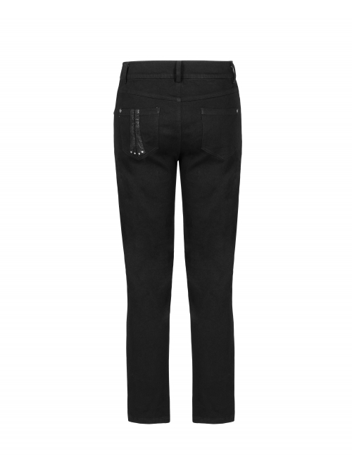 Metal Eyelets Decoration Spliced Crack Texture Imitation Leather Black Punk Pants