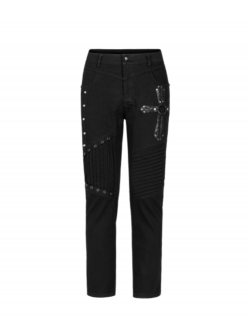 Metal Eyelets Decoration Spliced Crack Texture Imitation Leather Black Punk Pants