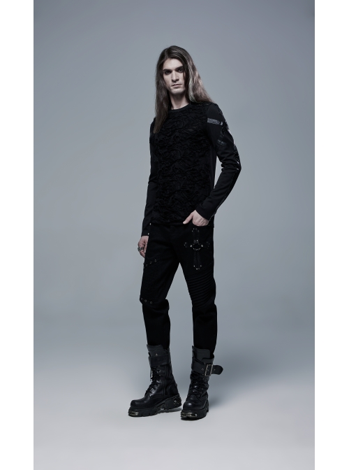 Metal Eyelets Decoration Spliced Crack Texture Imitation Leather Black Punk Pants