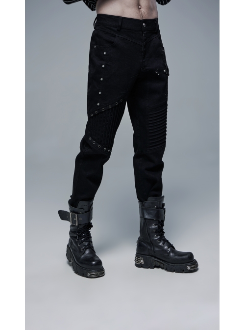 Metal Eyelets Decoration Spliced Crack Texture Imitation Leather Black Punk Pants