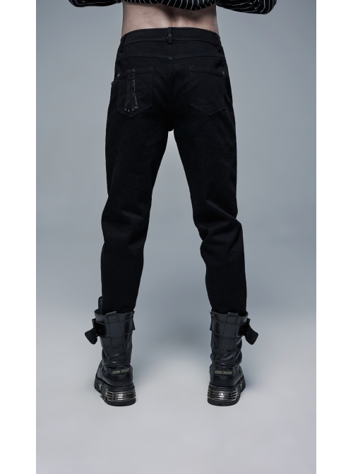 Metal Eyelets Decoration Spliced Crack Texture Imitation Leather Black Punk Pants
