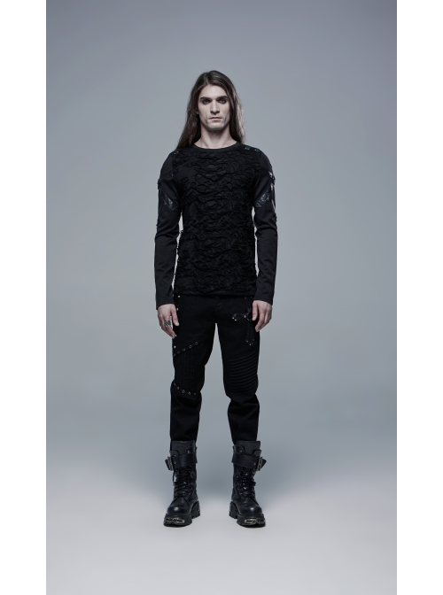 Metal Eyelets Decoration Spliced Crack Texture Imitation Leather Black Punk Pants