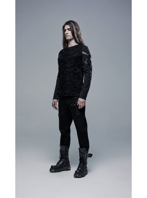 Metal Eyelets Decoration Spliced Crack Texture Imitation Leather Black Punk Pants