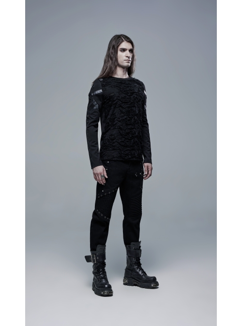 Metal Eyelets Decoration Spliced Crack Texture Imitation Leather Black Punk Pants