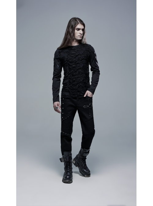Metal Eyelets Decoration Spliced Crack Texture Imitation Leather Black Punk Pants