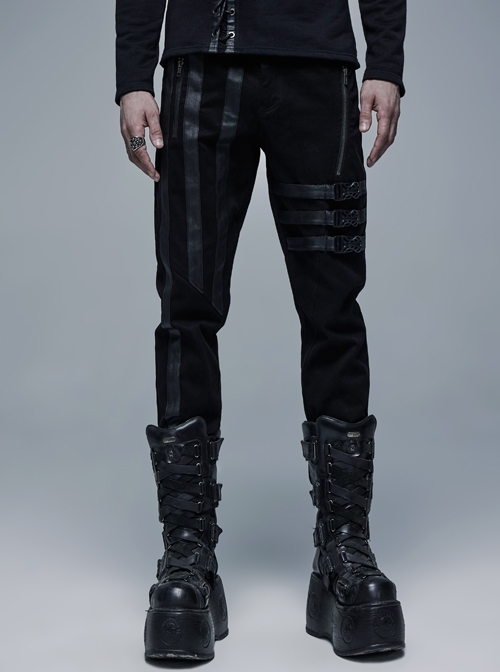 Black Metal Buckle Leather Leg Loop Punk Woven Pants