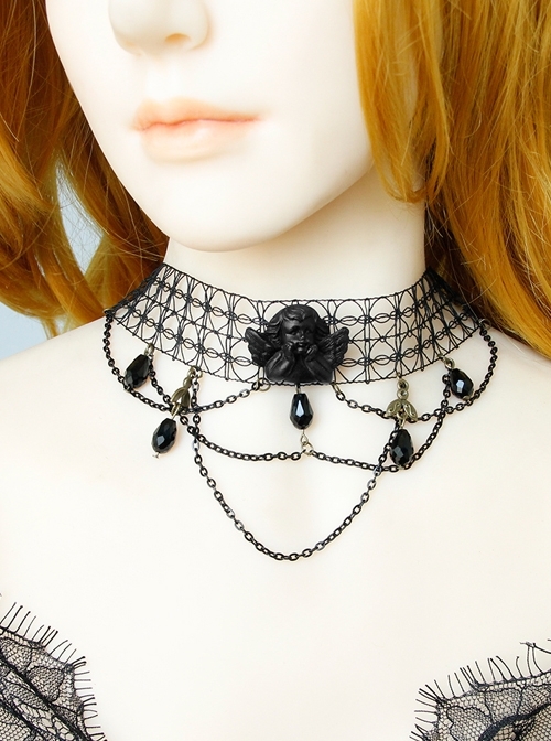 Black Angel Clavicle Chain Gothic Crystal Hollow Fishnet Dark Halloween Collar