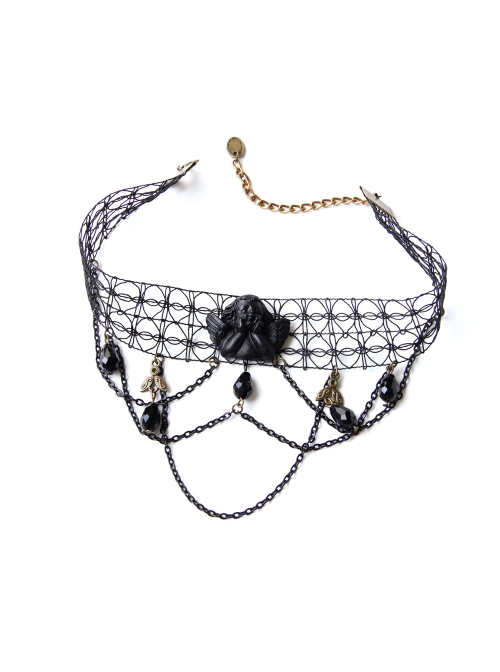 Black Angel Clavicle Chain Gothic Crystal Hollow Fishnet Dark Halloween Collar