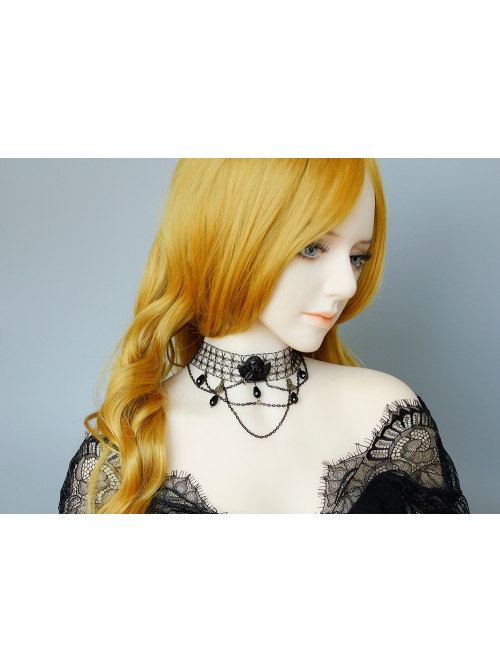 Black Angel Clavicle Chain Gothic Crystal Hollow Fishnet Dark Halloween Collar