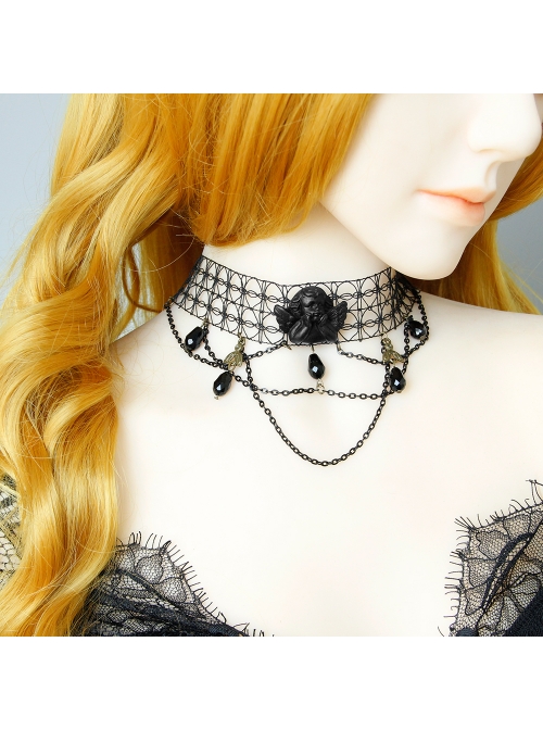 Black Angel Clavicle Chain Gothic Crystal Hollow Fishnet Dark Halloween Collar