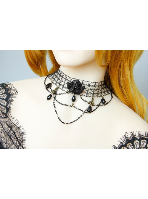 Black Angel Clavicle Chain Gothic Crystal Hollow Fishnet Dark Halloween Collar
