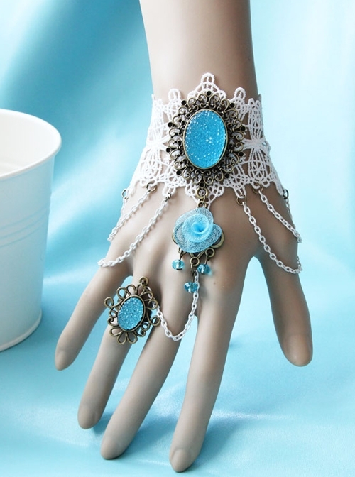 Baroque Bride Wedding Blue Gemstone Flower White Lace Christmas Holiday Bracelet With Ring One Chain
